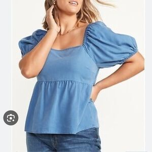 Denim Puff Sleeve Baby Doll Top
